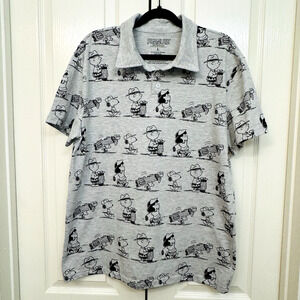Peanuts Polo Shirt Men's Gray Charlie Brown Snoopy Woodstock Lucy Golf Soft Sz L
